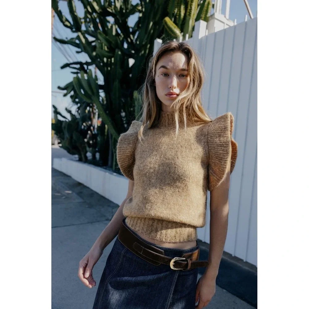 Zara Brown Wool Alpaca Blend Ruffle‎ Sleeve Knit Vest Sweater NEW S